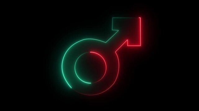 Neon male logo icon symbol on black background. Animated male gender symbol icon. male sign of gender equality icon. A simple shining motion graphic element.