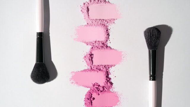 Overhead capture of five pink colored smeared powder heaps on a light grey background, lit by orbiting directional light casting dynamic shadows | Creative concept for blush commercial