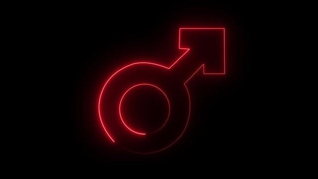 Neon male logo icon symbol on black background. Animated male gender symbol icon. male sign of gender equality icon. A simple shining motion graphic element.