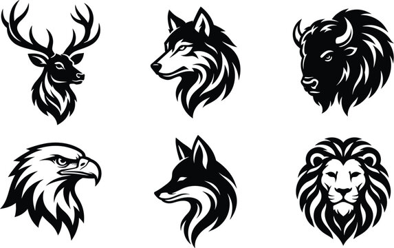 Black vector illustrations of stylized animal heads including deer, wolf, bison, eagle, fox, and lion designed in bold graphic emblem style for creative projects