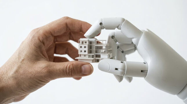 Human hand collaborates with robotic hand holding miniature house model symbolizing innovation