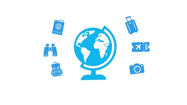 Animated world globe with popping travel icons on white background