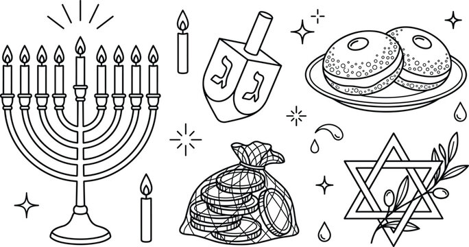 Hanukkah vector icon set featuring traditional Jewish holiday line art symbols including menorah candles dreidel star of David gelt coins and sufganiyah donuts.