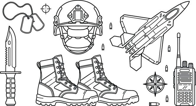 Military equipment vector set featuring tactical line art drawings of a combat helmet fighter jet boots knife radio tags and compass symbols.