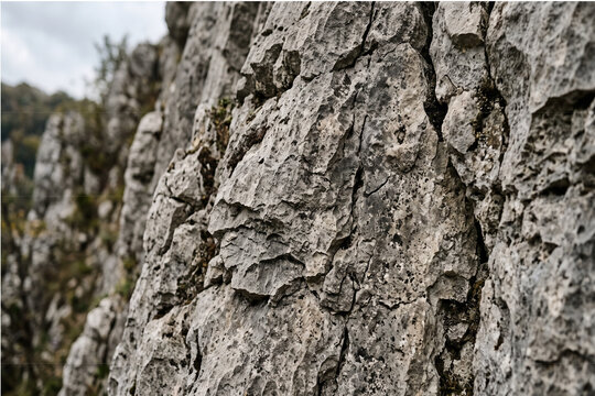 Rugged limestone rock face texture captured outdoors for geology reference and natural stone background design projects