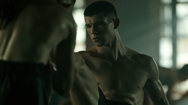 Young male athlete intently watches opponent during intense training session.
