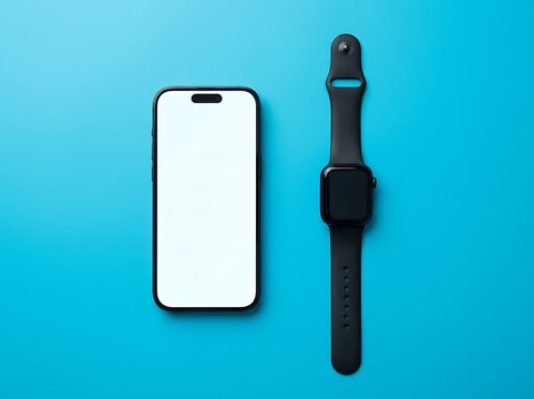 Smartphone and smartwatch on blue background