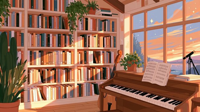 Cozy room with a piano and bookshelves bathed in warm sunset light.