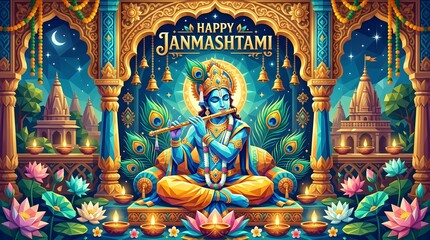 Fototapeta premium Lord krishna playing flute during janmashtami festival celebrations