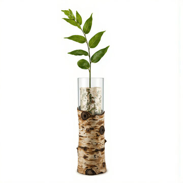 Wooden bark vase. A piece of natural birch bark wrapped around a glass tube holds a fern (Polypodium vulgare), isolated