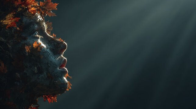 Ethereal human face profile formed by textured bark and autumn leaves in dramatic light. dark back
