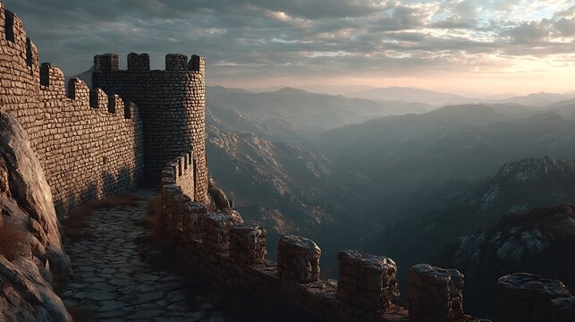 Ancient stone castle rampart overlooking a misty mountain valley at sunrise. dramatic lighting