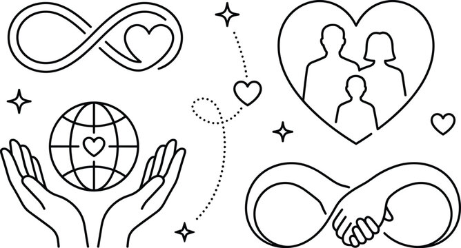 Global love and infinite family bond line art vector icon set with hands holding globe infinity loops people inside heart shape and holding hands, 23 words.