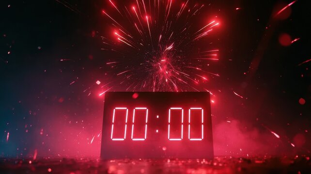 Cinematic lighting as a massive digital timer hits zero and erupts into a 2027 fireworks display