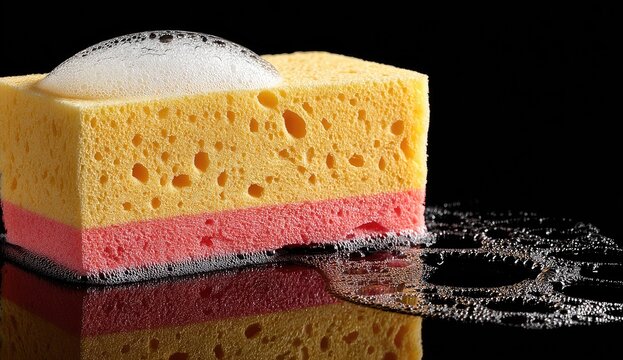 Yellow and pink sponge with soap bubbles