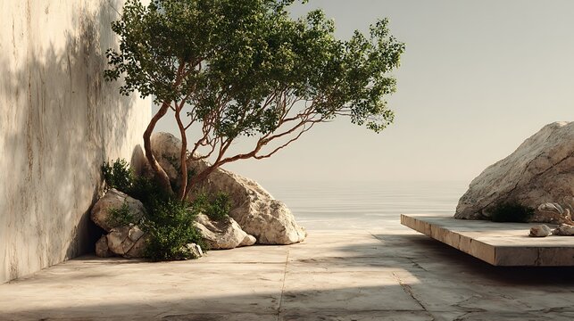 Serene coastal scene with ancient rock formations and a lone tree overlooking calm ocean waters. b