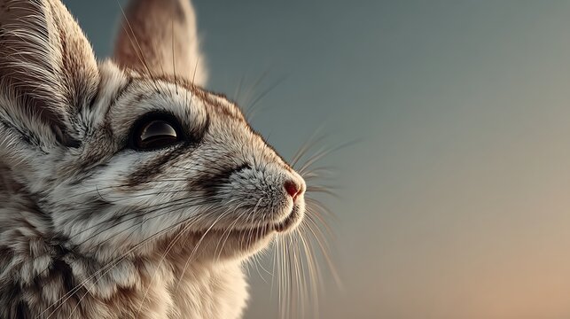 Close up realistic photography of a small desert jerboa with large eyes and long whiskers against