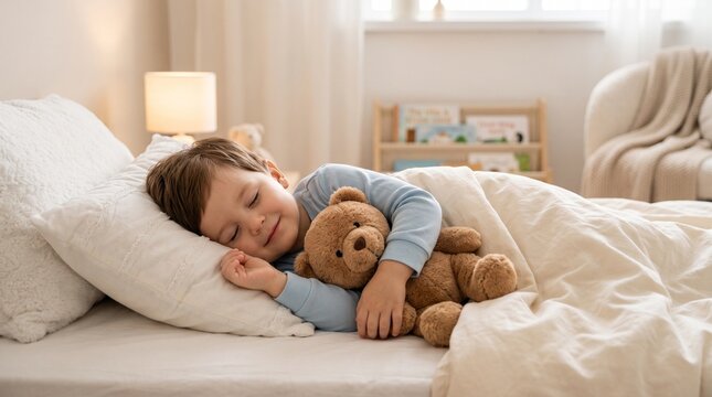 Peaceful toddler sleeping with teddy bear, young boy resting in cozy bed, serene child nap time in bright nursery