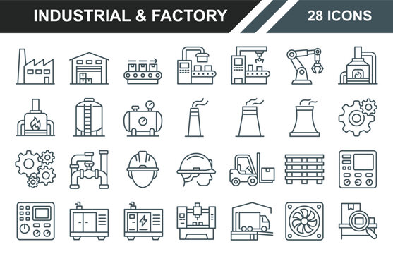 Set of 28 industrial and factory line icons