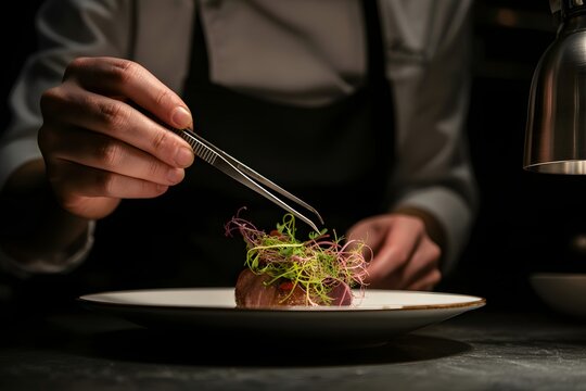 Professional chef plating gourmet dish with tweezers in high-end restaurant