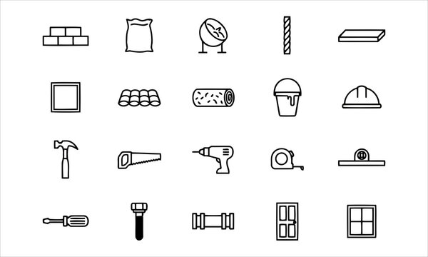 Set outline icons related to building materials. Linear icon collection. Editable stroke. Vector illustration