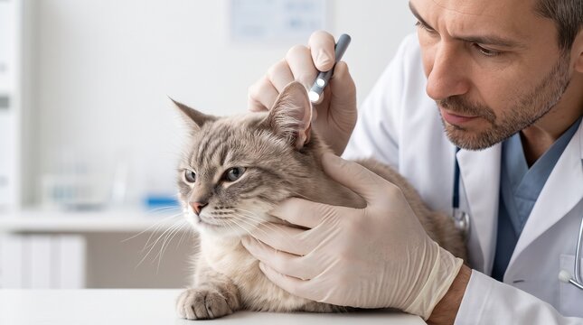 Professional veterinarian examining cat ear with otoscope, male vet checking pet health in clinic, feline medical checkup