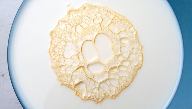 Spoiled milk with cracked surface texture resembling brain pattern on white plate close-up