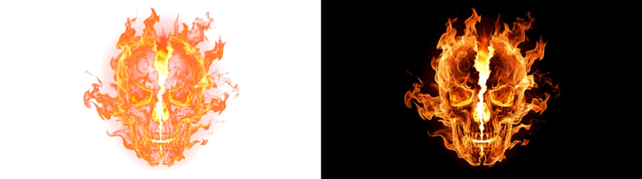 Flaming skull crest with gaping central rift and blazing core, transparent fire design element