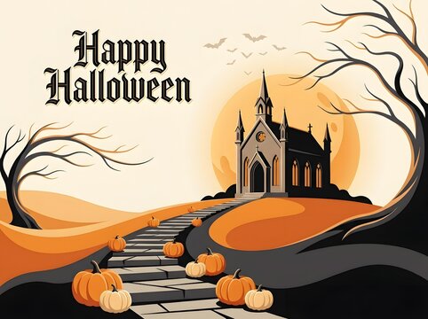 Happy halloween illustration with spooky castle pumpkins and bare trees against a warm sunset