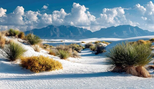 White desert landscape with mountains and clouds (1)
