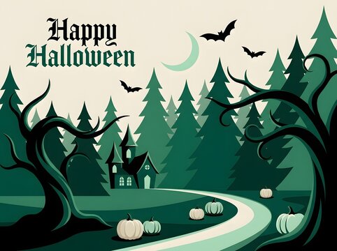 Happy Halloween illustration with spooky forest haunted house pumpkins and crescent moon