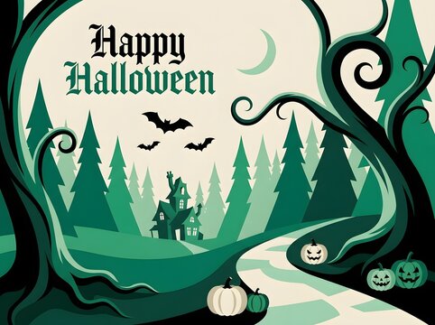 Happy halloween illustration with spooky haunted house bats pumpkins and forest landscape in green tones