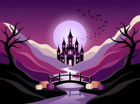 Spooky halloween landscape with castle pumpkins and bats against a purple moonlit sky