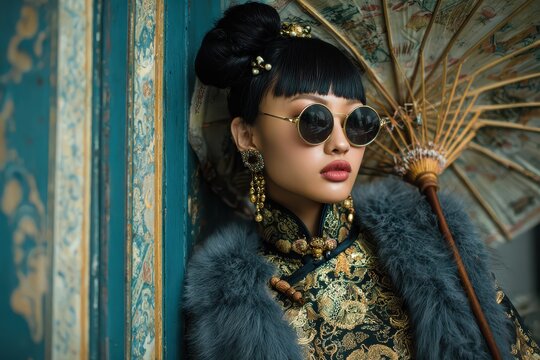 Elegant East Asian woman in ornate traditional attire with sunglasses and parasol during golden hour