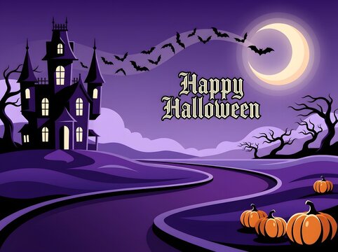 Spooky halloween scene with haunted house bats crescent moon and pumpkins in a vector illustration