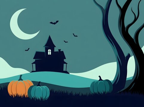 Spooky halloween scene with haunted house crescent moon pumpkins and silhouetted trees