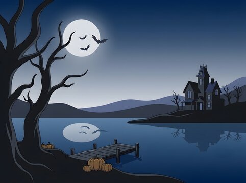 Spooky halloween scene with haunted house bats and pumpkins under a full moon vector illustration