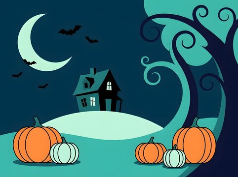 Halloween scene with haunted house pumpkins crescent moon and spooky tree illustration