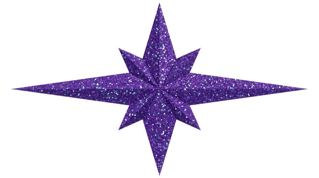 Une &eacute;toile &agrave; huit branches de couleur violette scintillante avec une texture paillet&eacute;e isol&eacute;e sur un fond blanc pur, id&eacute;ale pour les designs festifs et les d&eacute;corations de No&euml;l.