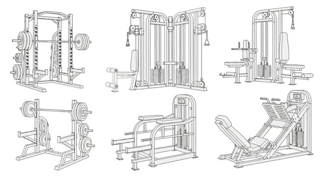 Detailed line art illustration of various gym equipment for strength training and fitness workouts.