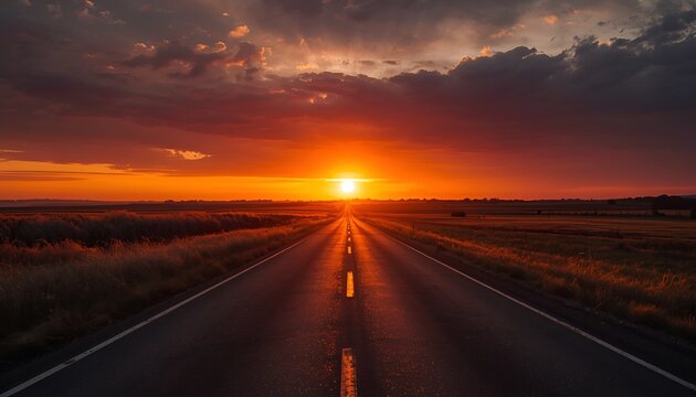 sunset on the road,A beautiful sunset on the road creates a peaceful and breathtaking scene, with the sky glowing in warm shades of orange, yellow, pink, and red as the sun slowly disappears beyond th
