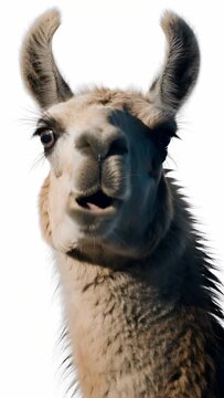 video featuring a front-facing llama portrait looking directly into the camera lens, isolated on a solid white background. The llama moves its jaw in a slow, rhythmic chewing motion