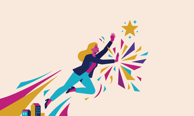 Obraz premium Dynamic business growth illustration. Woman reaching toward a shining star with colorful success and progress elements.