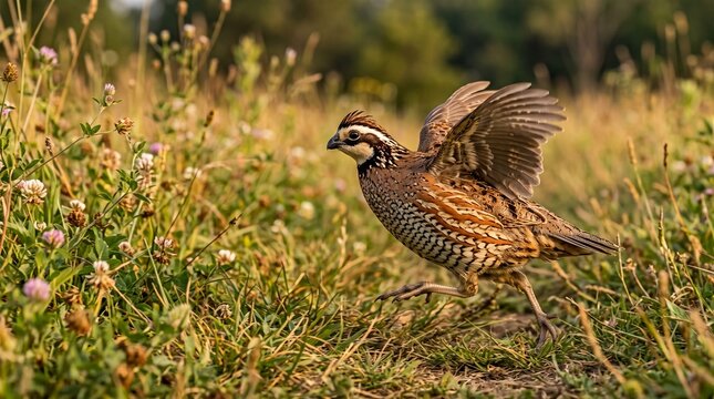 Quail bird running through wild grass with wings spread wide