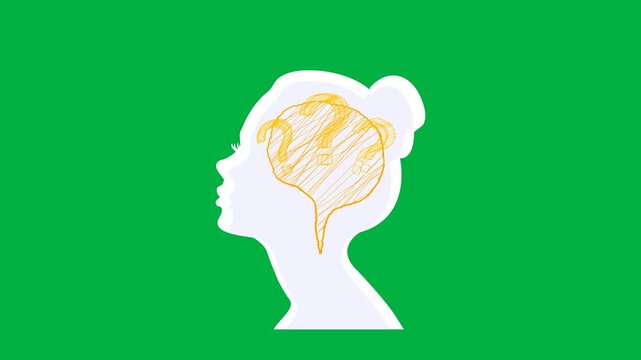 women silhouette with question marks element on greenscreen representing mind, inner thoughts, emotional confusion, psychology, and brainstorming.