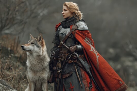 Female knight in armor with wolf during misty morning in forest fantasy concept cinematic style