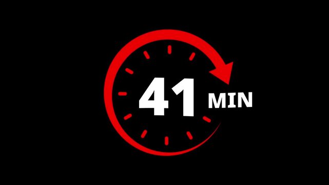 Red circular timer icon indicating 41 minutes countdown with arrow animation. 41 minutes clock timer. Timer 41 minutes countdown clock with circular arrow. 41 Min arrow clock icon animation.