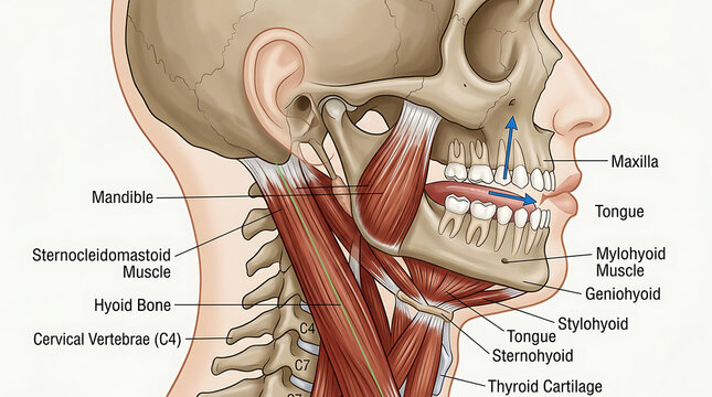 Human head anatomical cross section showing neck and oral cavity muscles