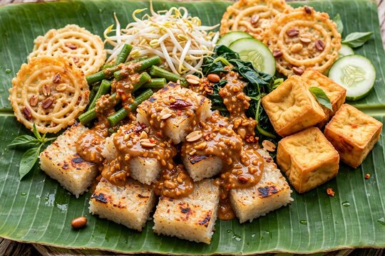 Traditional Indonesian Pecel Punten Grilled Rice Cake with Peanut Sauce on Banana Leaf