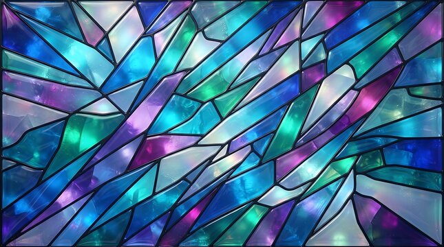 Abstract stained glass texture with a mosaic of blue, purple, and cyan glass shards, featuring irregular shapes and dark lead lines throughout